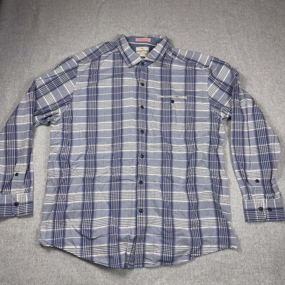 Tommy Bahama Jeans Men XXL Blue White Plaid Long Sleeve Button Down Shirt Cotton